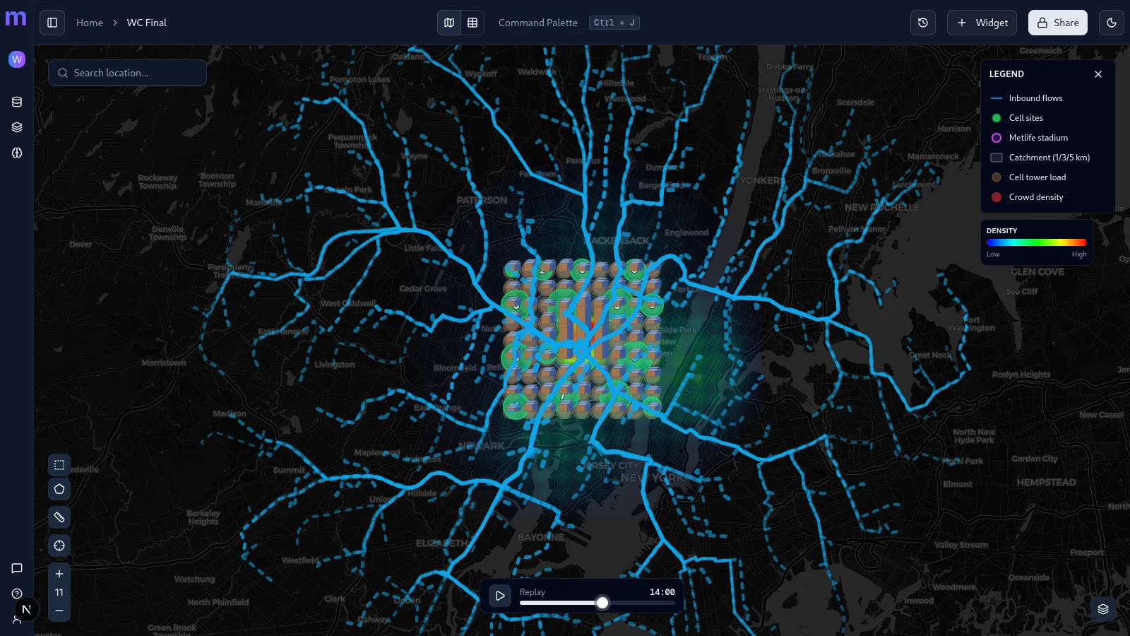 Mappt event mobility replay at peak - subscriber flows and per-sector cell load across the New York / New Jersey metro