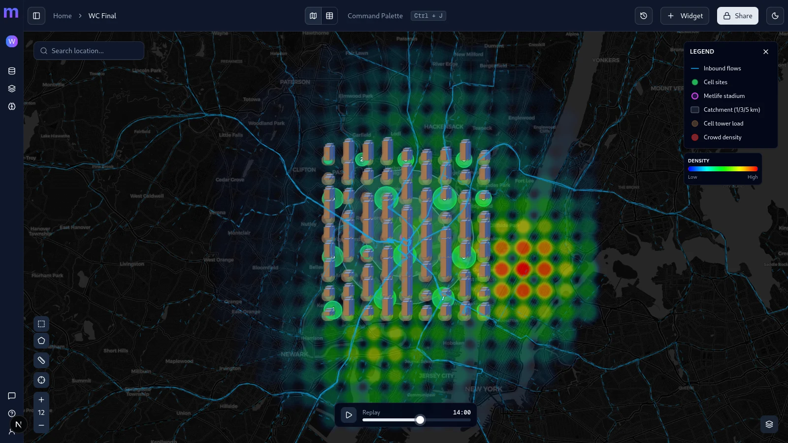 Close-up of the peak crowd hotspot with per-sector cell load bars around the venue